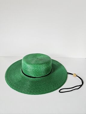 Vintage Sandra Emerald Green Wide Brim Straw Raffia Wide Brim Boater Derby Hat
